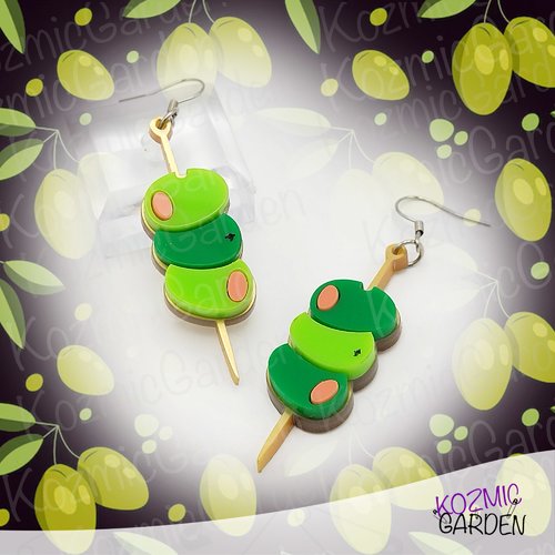 Boucles d'oreilles olives apéro — bijoux originaux cocktail acrylique