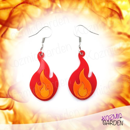 Boucles d'oreilles pendantes flamme — bijoux acrylique feu de camp nature
