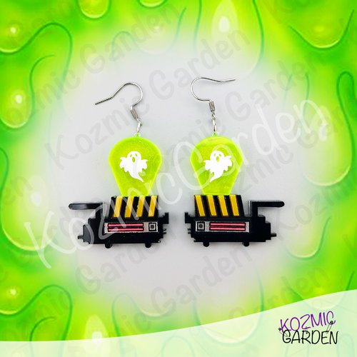 Boucles d'oreilles piège à fantômes ghostbusters | sos fantômes– acrylique noir et jaune, faisceau vert néon