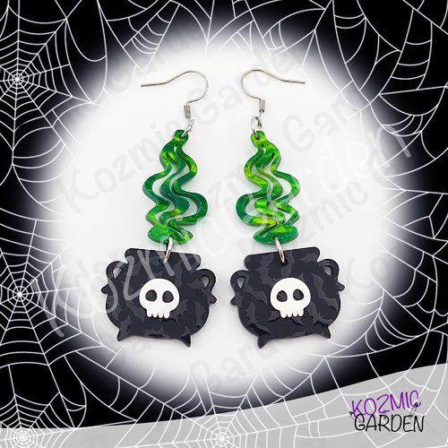 Boucles d'oreilles chaudron de sorcière – acrylique noir motif chauves-souris, fumée verte