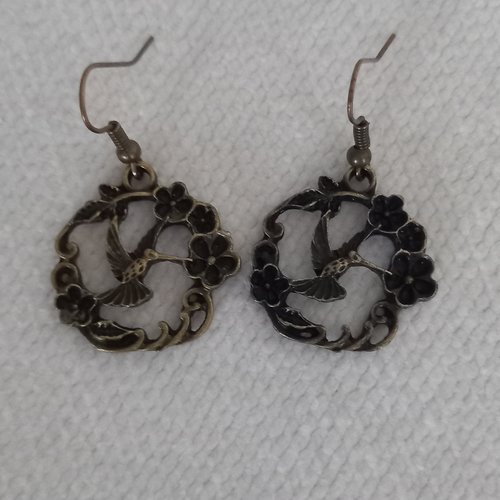Boucles d'oreilles  colibri et fleurs