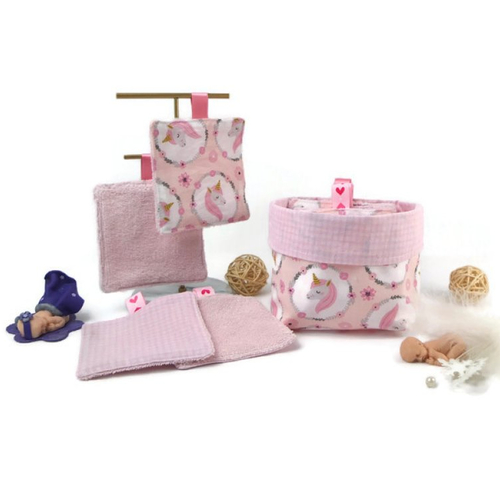 Pack lingettes lavables bébé fille  rose et blanc , thème licorne