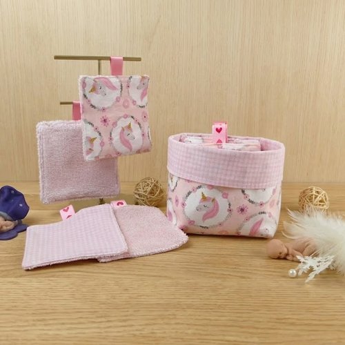 Pack lingettes lavables bébé fille  rose et blanc , thème licorne