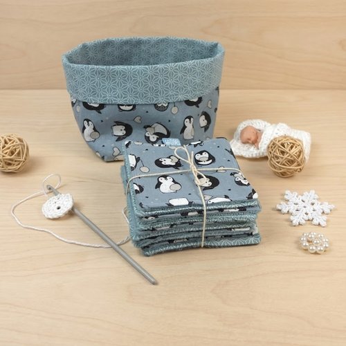 Pack lingettes lavables bébé fille, thème pingouins