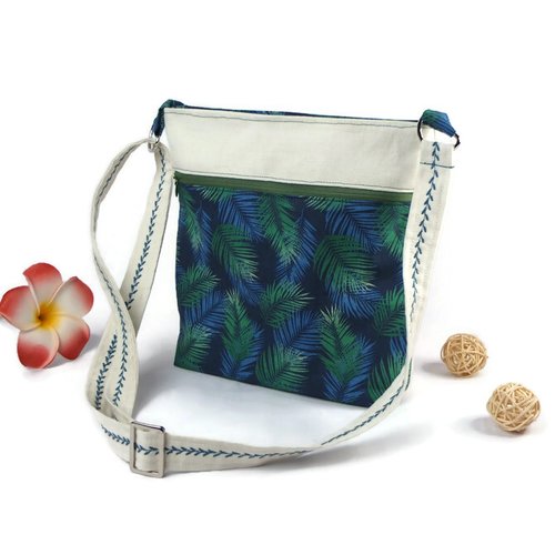 Sac bandoulière en tissu écru et vert