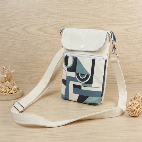 Sac bandoulière pour portable en tissu beige et bleu