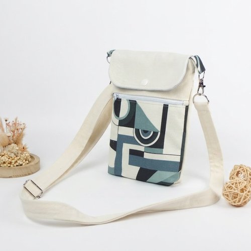 Sac bandoulière pour portable en tissu beige et bleu