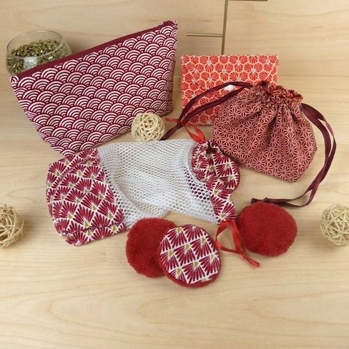 Trousse à maquillage + filet de lavage + sac à savon + pochon et lingettes démaquillantes en éponge de bambou/coton