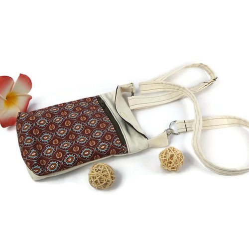 Petit sac bandoulière en tissu crème et marron