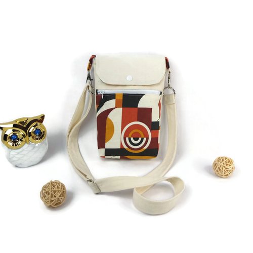 Sac bandoulière pour portable en tissu beige et orange
