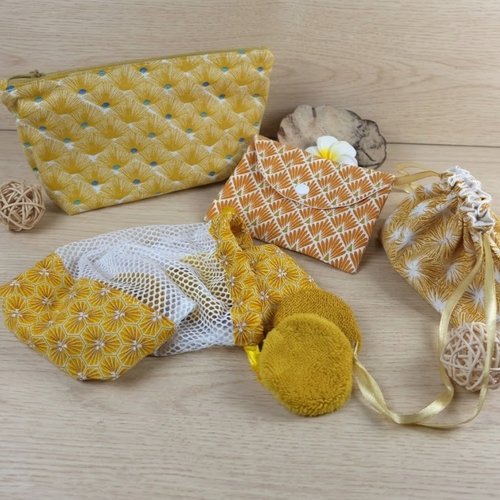 Trousse à maquillage + filet de lavage + sac à savon + pochon et lingettes démaquillantes en éponge de bambou/coton