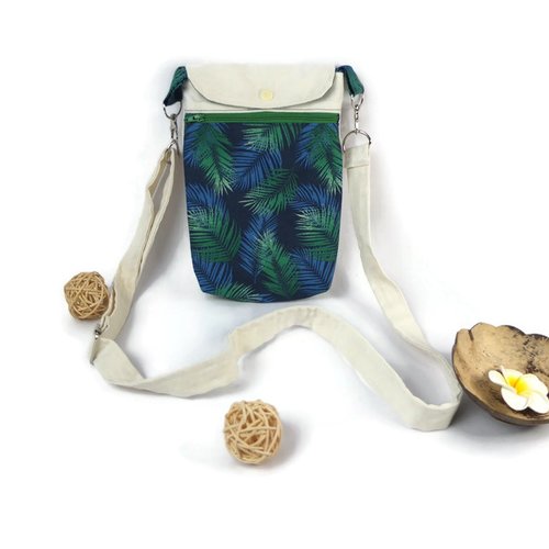 Petit sac bandoulière en tissu écru et vert