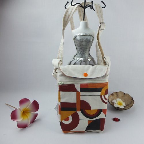Sac bandoulière pour portable en tissu beige et orange