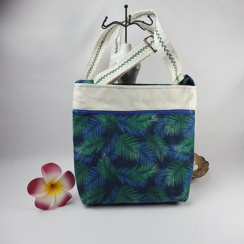 Sac bandoulière en tissu écru et vert