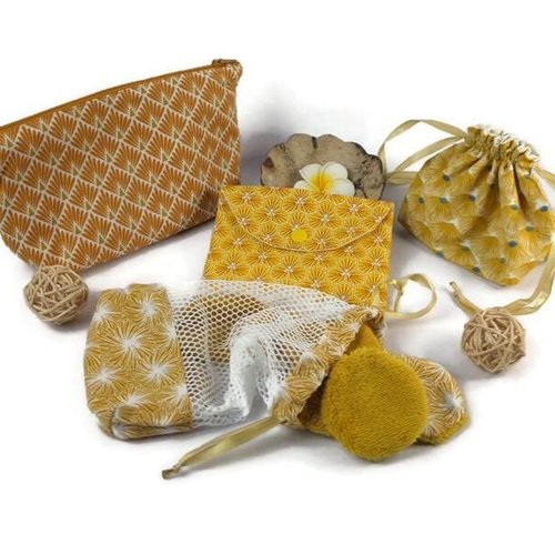 Trousse à maquillage + filet de lavage + sac à savon + pochon et lingettes démaquillantes en éponge de bambou/coton