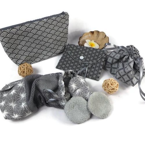 Trousse à maquillage + filet de lavage + sac à savon + pochon et lingettes démaquillantes en éponge de bambou/coton