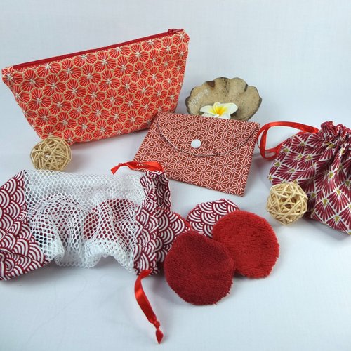 Trousse à maquillage + filet de lavage + sac à savon + pochon et lingettes démaquillantes en éponge de bambou/coton