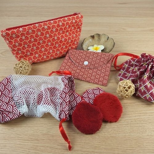 Trousse à maquillage + filet de lavage + sac à savon + pochon et lingettes démaquillantes en éponge de bambou/coton