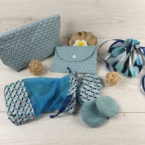 Trousse à maquillage + filet de lavage + sac à savon + pochon et lingettes démaquillantes en éponge de bambou/coton