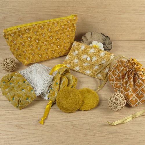 Trousse à maquillage + filet de lavage + sac à savon + pochon et lingettes démaquillantes en éponge de bambou/coton