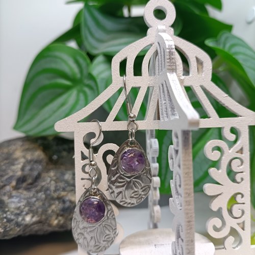 Boucles d'oreilles améthyste , acier inoxydable