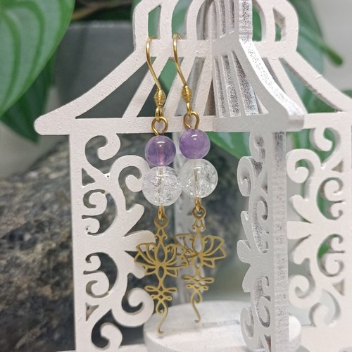 Boucles d'oreilles en acier inoxydable, perles améthyste et cristal de roche