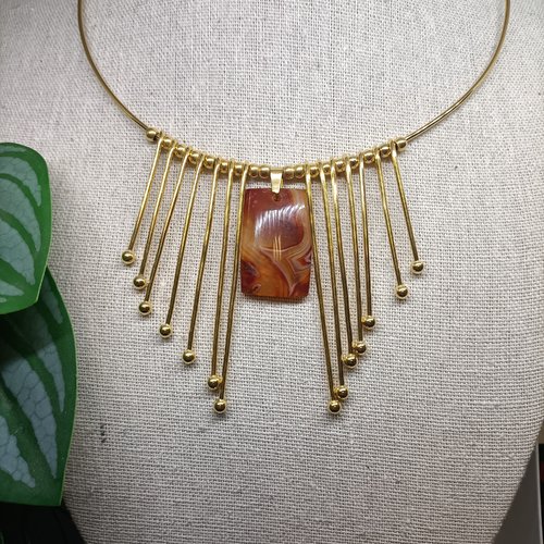 Collier en acier inoxydable, pendentif en cornaline et pampilles en acier inoxydable