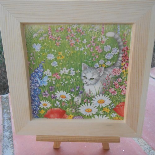 Cadre décoratif chat et fleurs