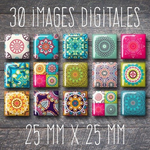 Images digitales carrées, 25x25 mm, maroc, mosaique maroccaine, oriental, floral