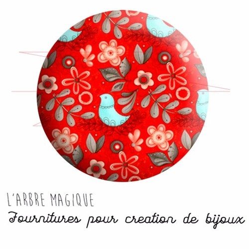 Resine epoxy 25 mm cabochon à coller oiseaux et fleur rouge et turquoise, motif japonais, motif fleuri rouge, couleur au choix ref 1733 