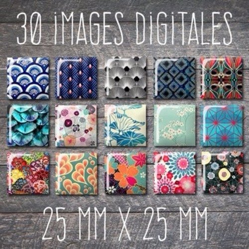 30 images digitales carrées, 25x25 mm, japon, asie, motif japonais, chine, fleur japon, seigaiha, à imprimer pour cabochon