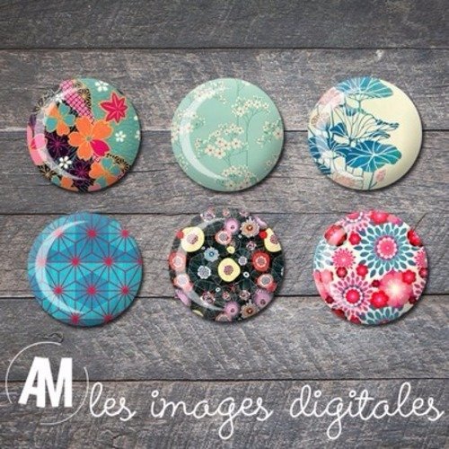 72 images digitales rondes cabochon : japon, asie, motif japonais, chine, fleur japon