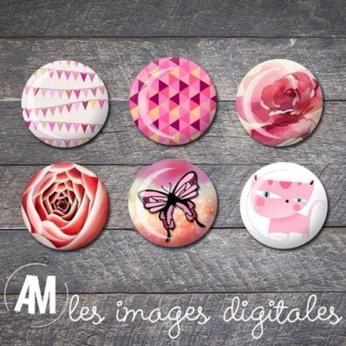 72 images digitales rondes cabochon : rose, chat, fanion, forme géométrique, papillon, fleur rose, shabby chic