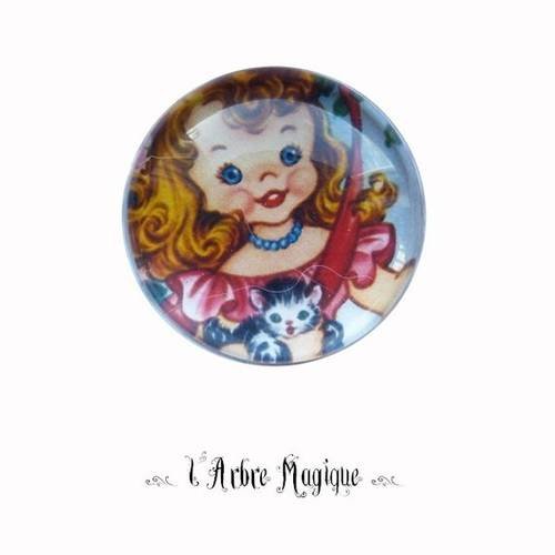2 cabochons à coller petite fille chat en verre 16 mm 