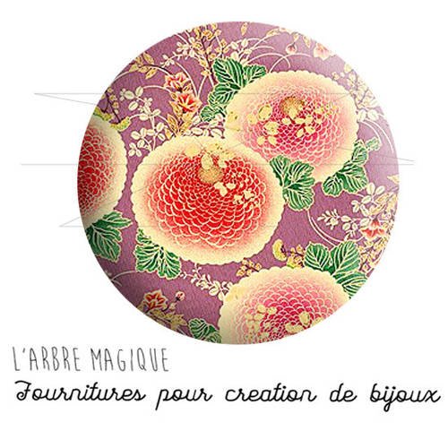 2 cabochons à coller japon grosse fleur violet beige rouge vert ref 1621 -  en verre 14 mm - 