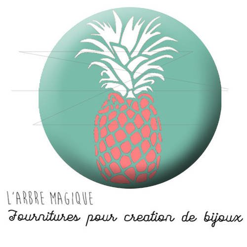 Cabochon fantaisie 25 mm ananas rose sur fond turquoise ref 1672 