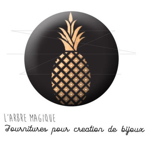 Cabochon fantaisie 25 mm ananas fruit exotique noir et or ref 1741 