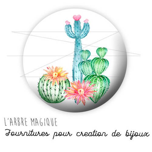 2 cabochons à coller cactus watercolor vert bleu rose ref 1903  - 16 mm - 