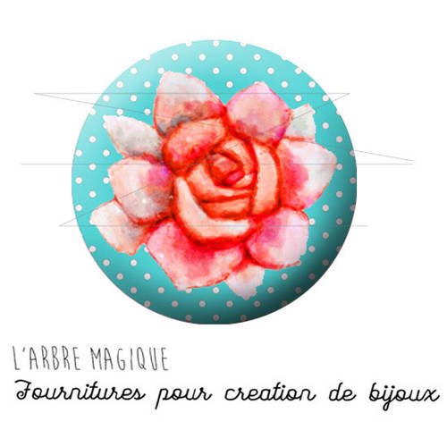 Cabochon fantaisie 25 mm fleur rose petit pois bleu pastel ref 1602 
