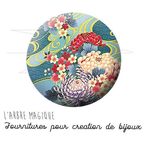 Cabochon fantaisie 25 mm japon motif floral multicouleur ref 1608 