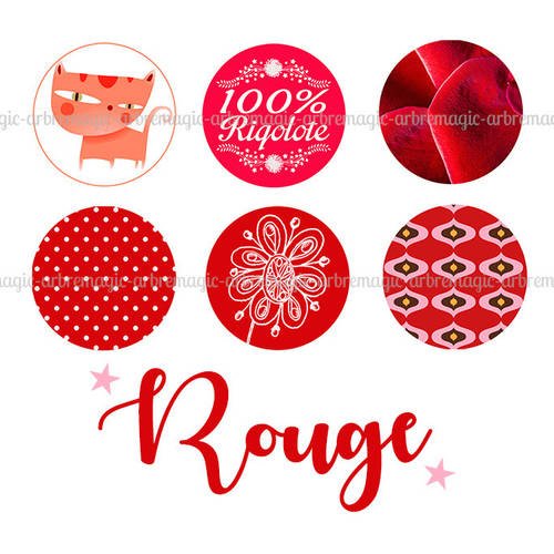 Images digitales  rouge, chat, fleur, 100 % rigolote, géométrique x 6 - 25 mm ref rouge a1 