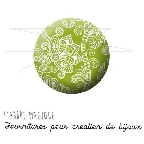 Cabochon fantaisie 25 mm dessin fleur vert blanc ref 1138 