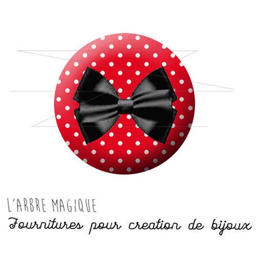 Cabochon fantaisie 25 mm pois blanc fond rouge noeud noir ref 1446 