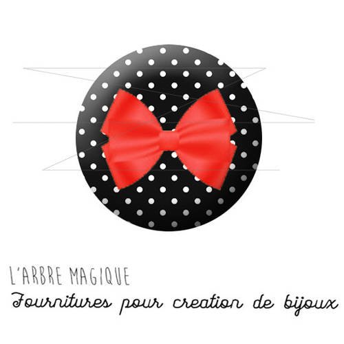 Cabochon fantaisie 25 mm pois blanc noir rouge noeud rouge ref 1445 