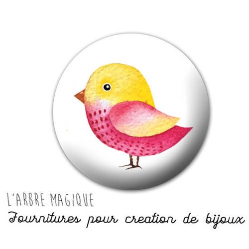 Cabochon fantaisie 25 mm petit oiseau rose et jaune  ref 1267 