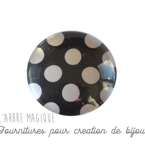2 cabochons à coller pois blanc fond noir en verre 16 mm m321