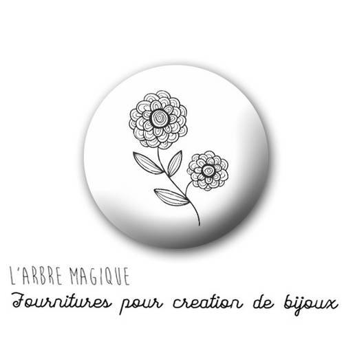 Cabochon à coller fleur blanc et noir verre 25 mm - ref 955 