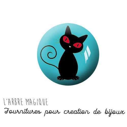 Cabochon à coller thème chat noir fond turquoise verre 25 mm - ref 1164 