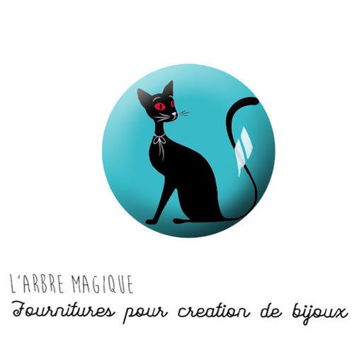 Cabochon à coller thème chat noir fond turquoise verre 25 mm - ref 1163 