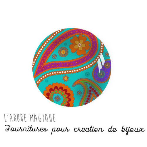 Fleur paisley orange vert 2 cabochons fantaisie en verre ref840-18 mm 